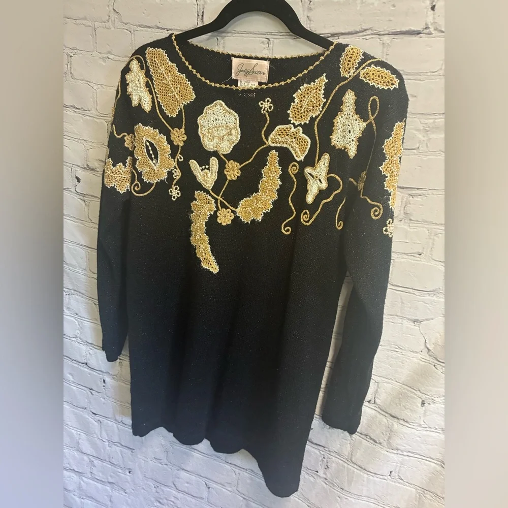 Vintage Women’s Jaclyn Smith Sz Small‎ Metallic Sweater Pearl Embroidered Black